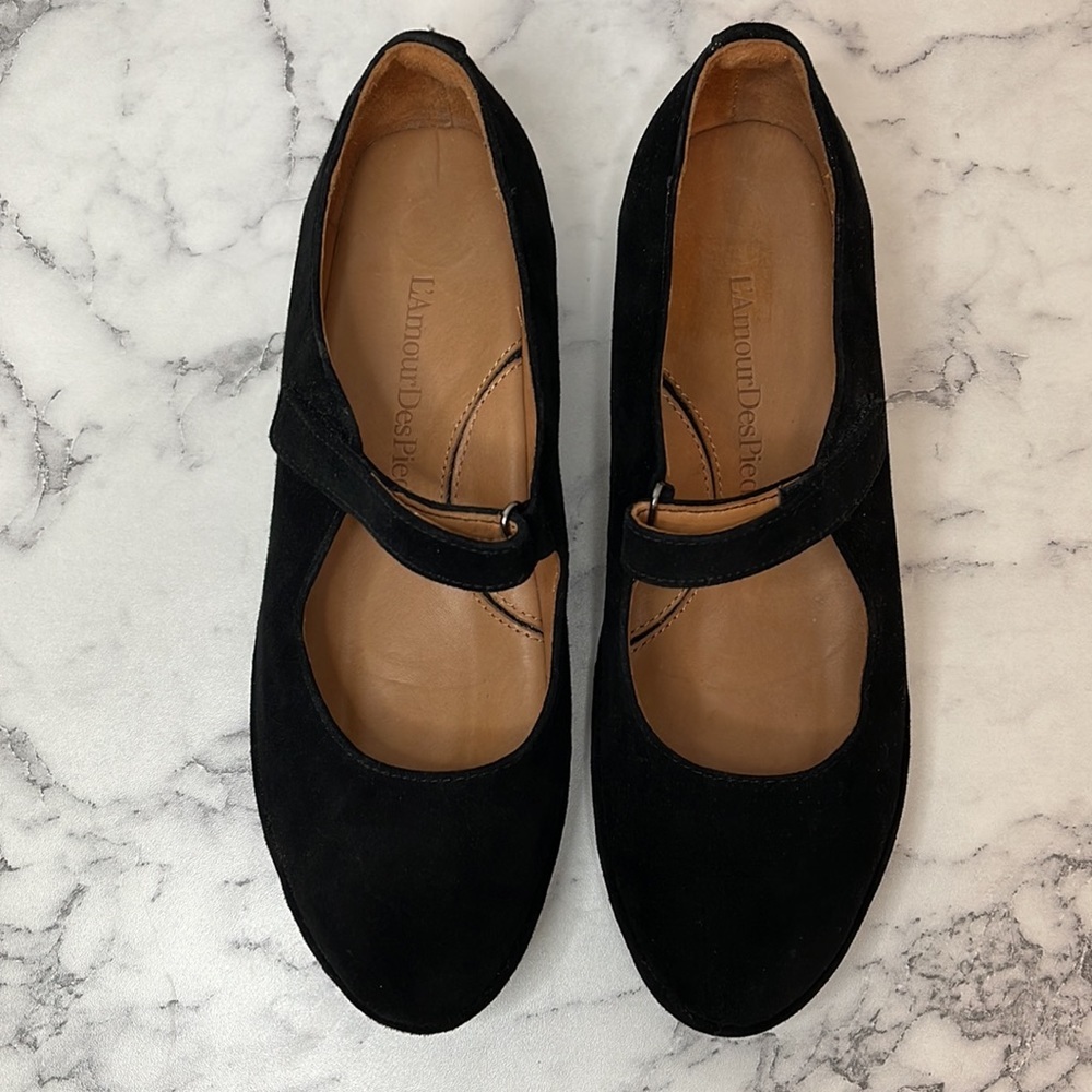L’Amour Des Pieds Black Suede Cornelie Mary Jane Wedges 9